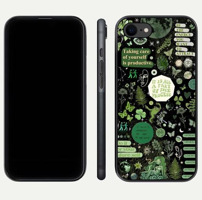 Green Moon Energy Glass Case for iPhone 7 front and back view layout highlighting cosmic tones and smooth edges