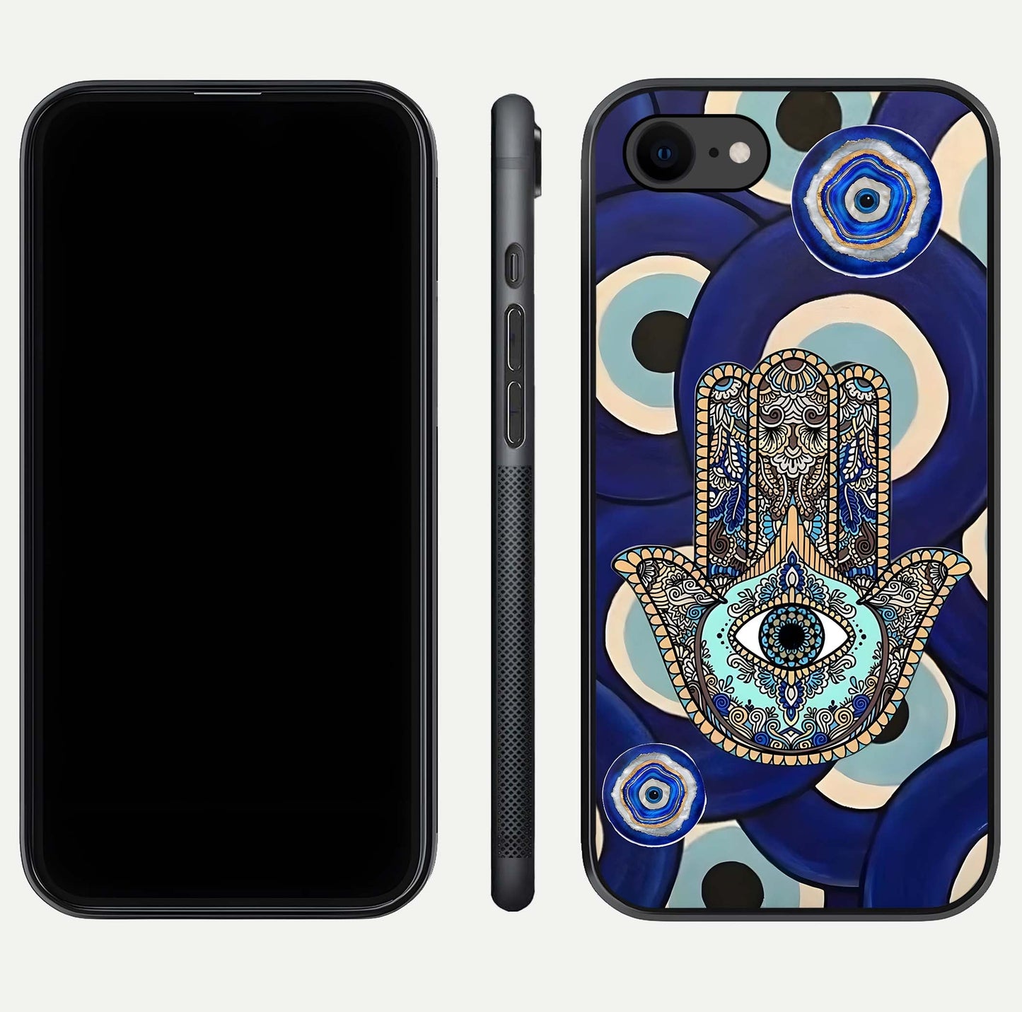 Hamsa Divine Guard Glass Case for iPhone 7 front and back view layout highlighting spiritual artwork and smooth edges