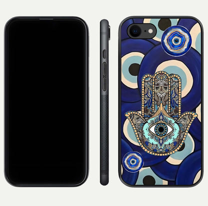 Hamsa Divine Guard Glass Case for iPhone 7 front and back view layout highlighting spiritual artwork and smooth edges