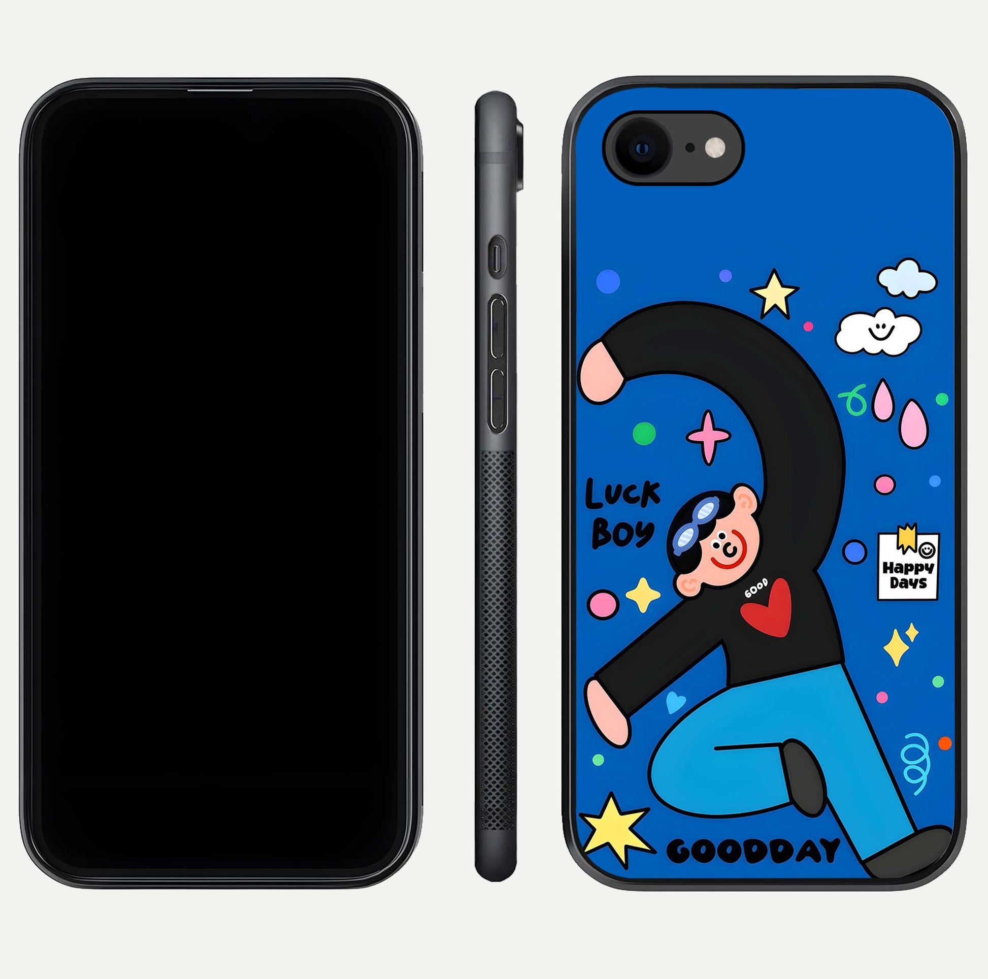 Happy Luck Vibe Glass Case for iPhone 7 front and back view layout highlighting positive motif and curved edges