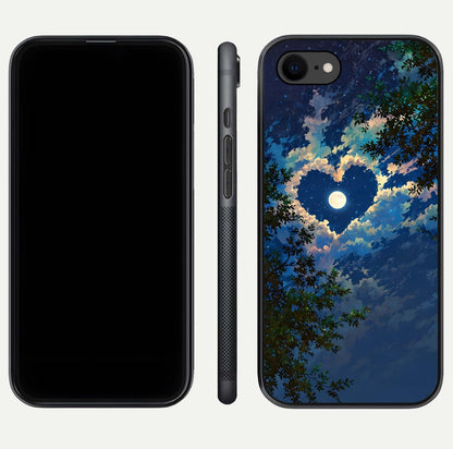 Heart with Moon Sky Glass Case for iPhone 7 front and back view layout displaying celestial tones and curved glass