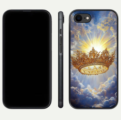 Heavenly Crown Light Glass Case for iPhone 7 front and back view layout highlighting golden aura tones and curved glass edges