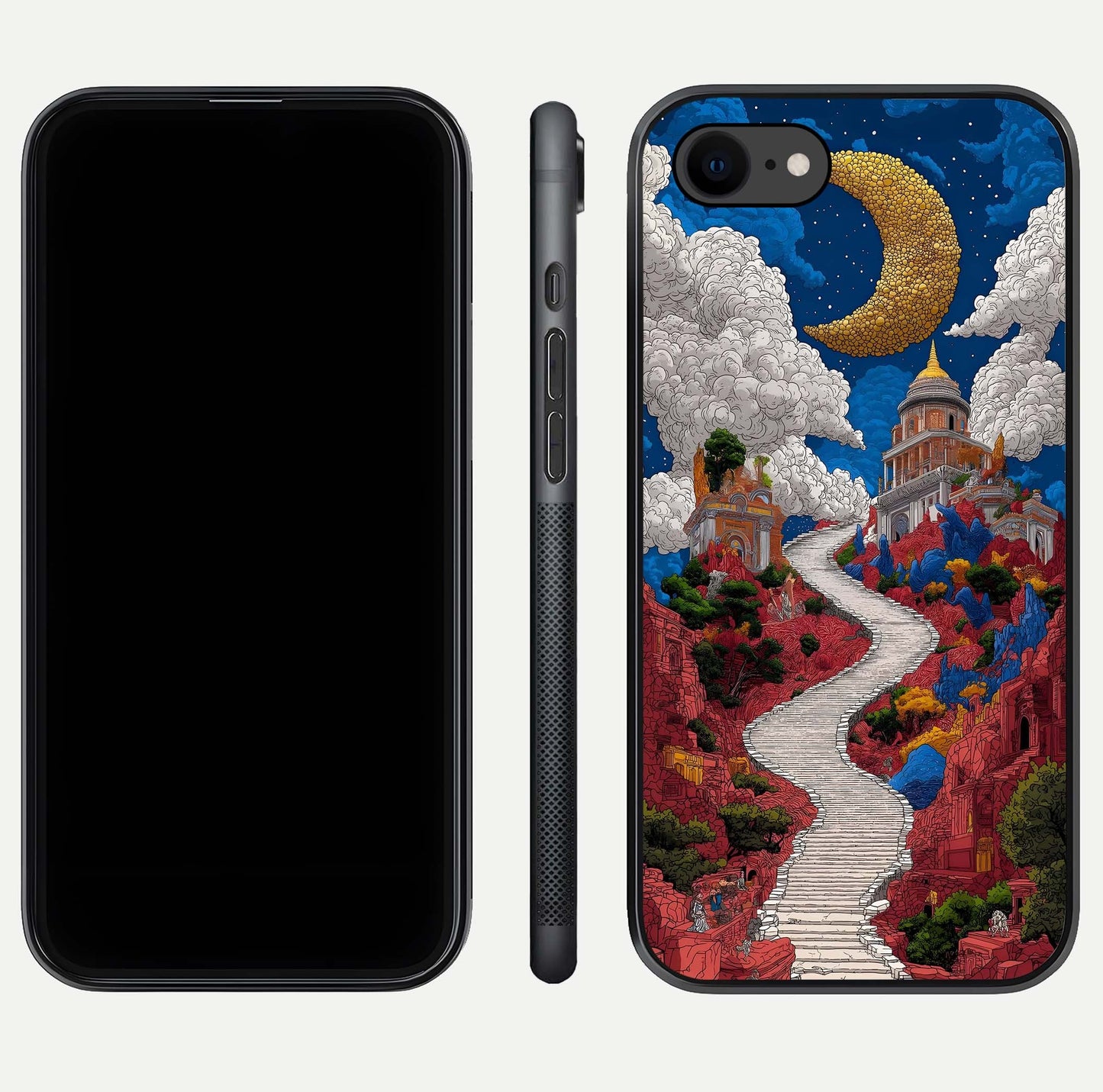 Heavenly Moon Path Glass Case for iPhone 7 front and back view layout displaying night sky tones and curved glass edges