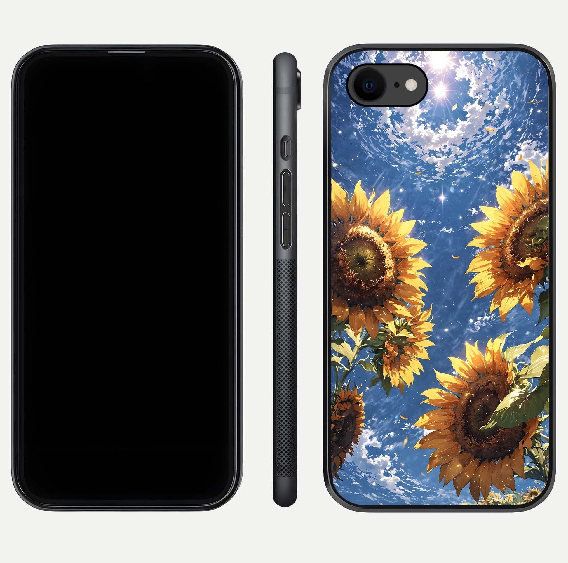 Heavenly Sunflower Rise Glass Case for iPhone 7 front and back view layout highlighting golden floral tones and curved edges