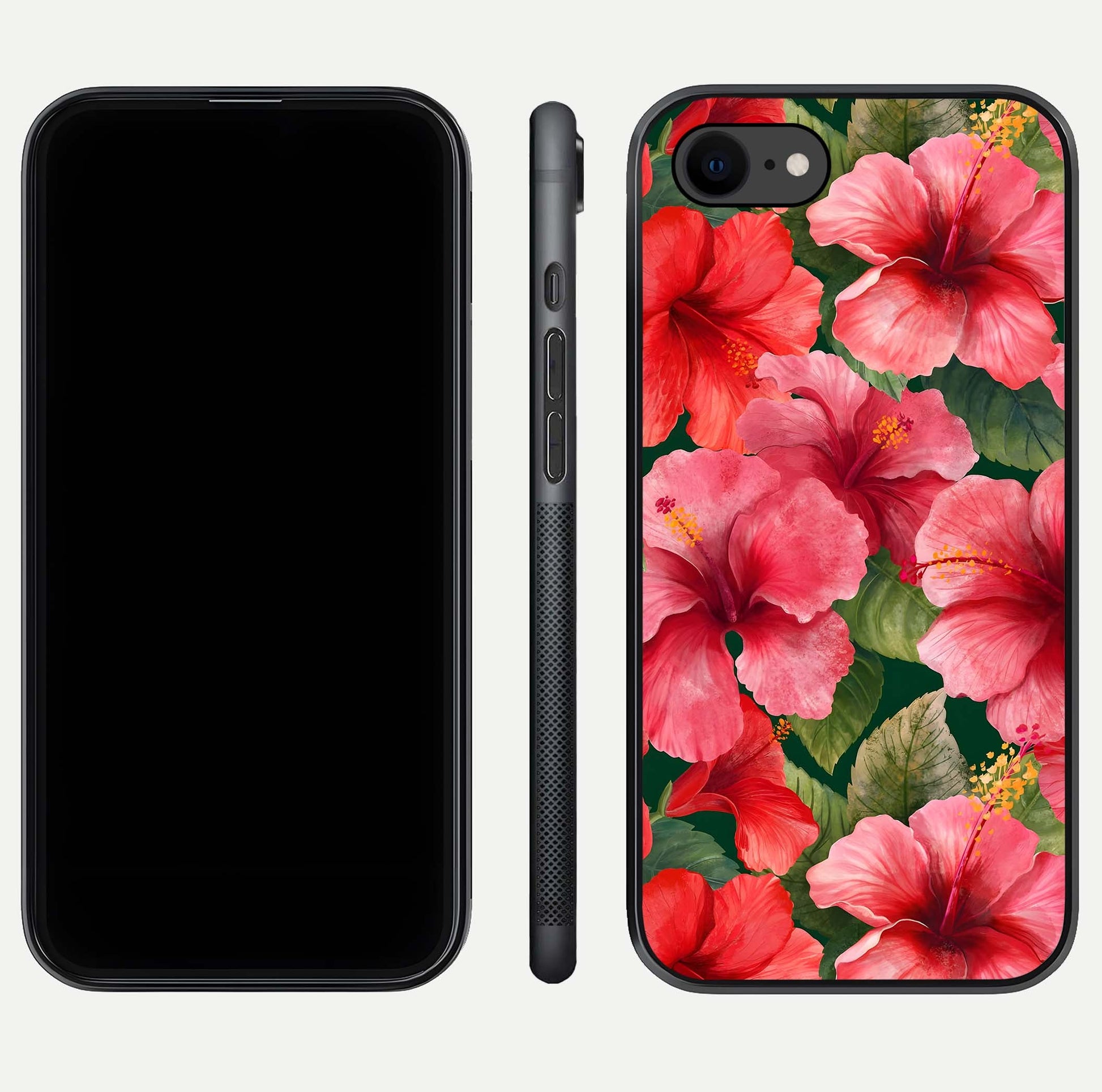 Hibiscus Pattern Glass Case for iPhone 7 front and back view layout highlighting tropical design and curved glass edges