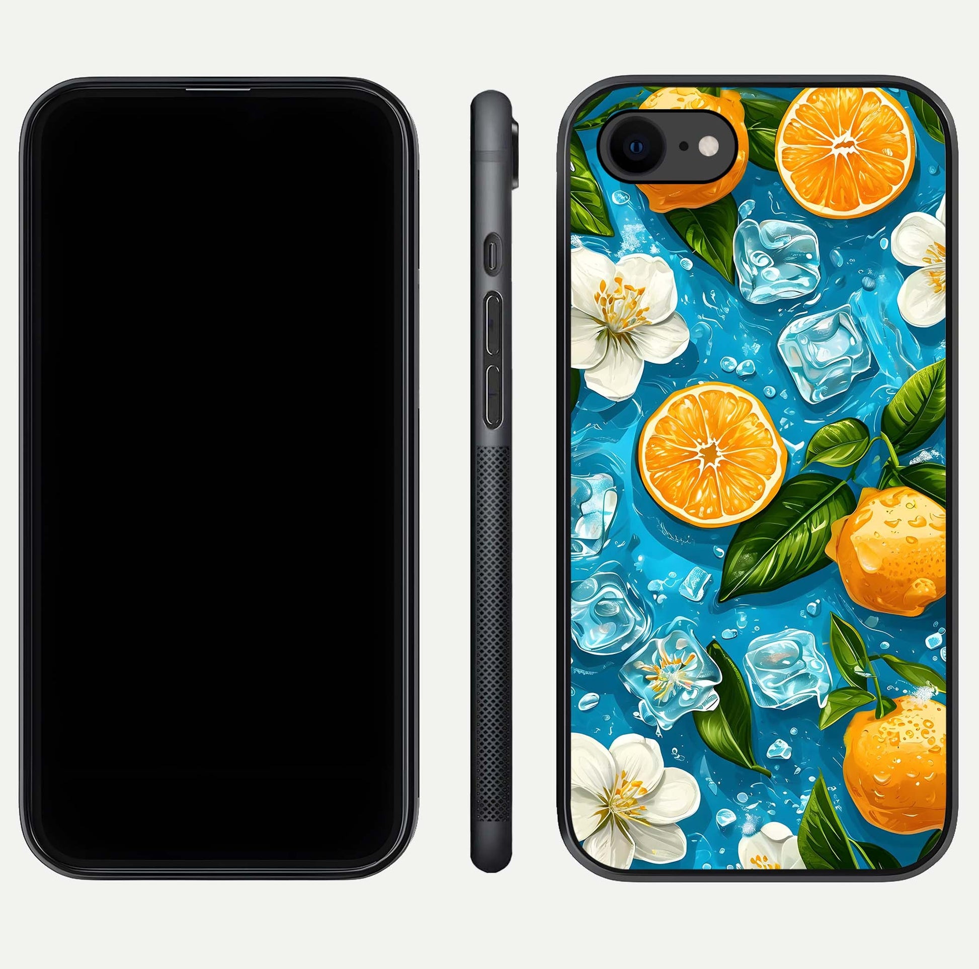 Ice Cube With Orange Glass Case for iPhone 7 front and back view layout highlighting fresh orange tones and curved edges