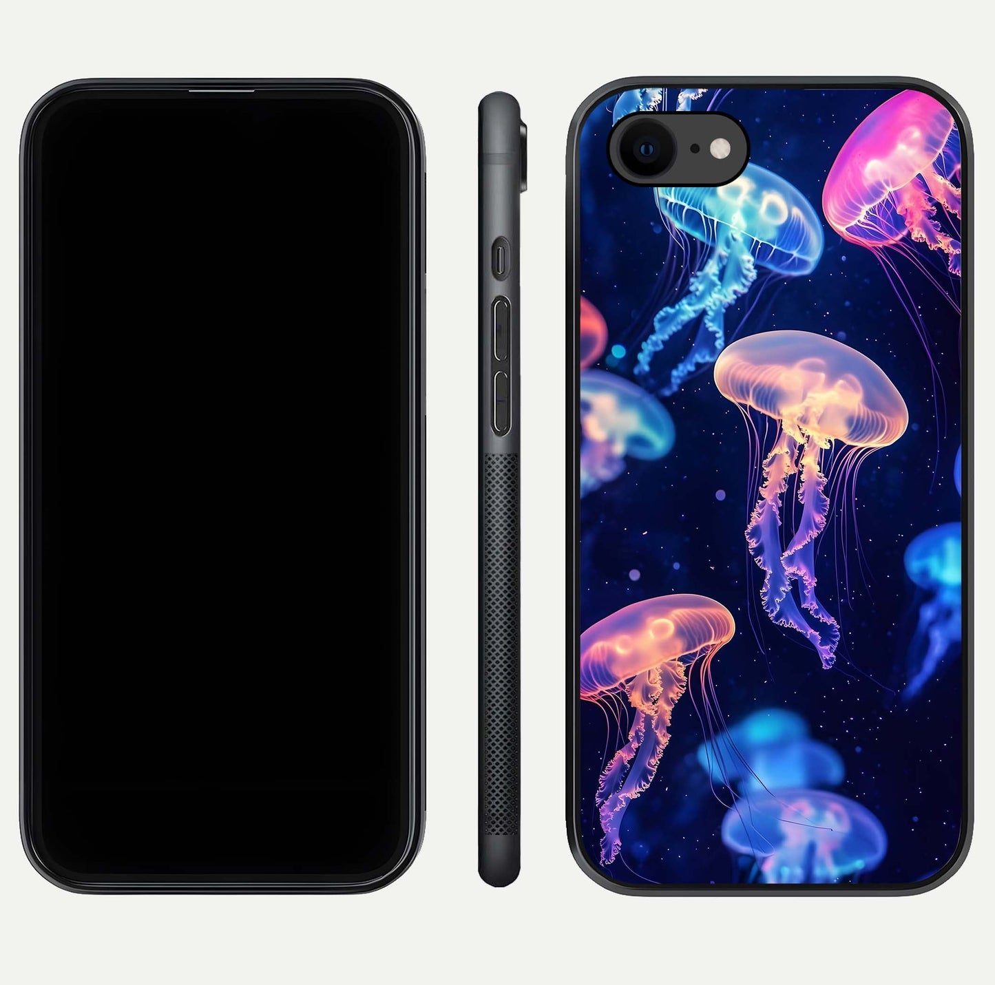 Jellyfish Pattern Glass Case for iPhone 7 front and back view layout highlighting aquatic tones and curved edges