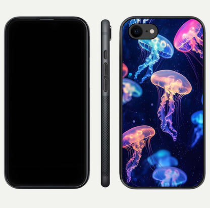 Jellyfish Pattern Glass Case for iPhone 7 front and back view layout highlighting aquatic tones and curved edges