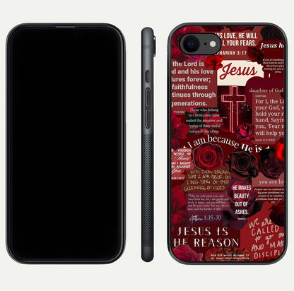 Jesus Love Heals Glass Case for iPhone 7 front and back view layout with elegant typography and smooth edges