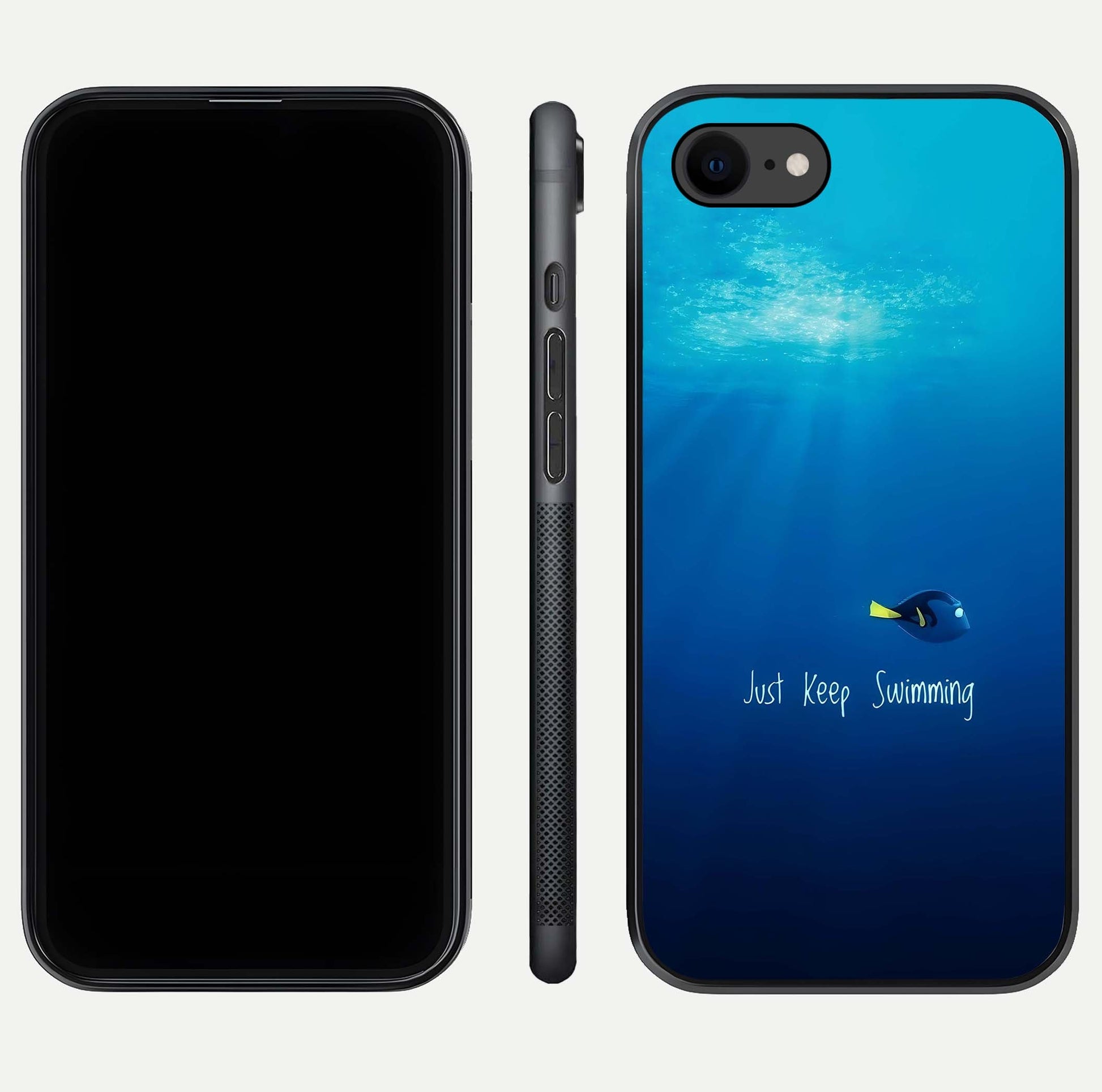 Just Keep Swimming Glass Case for iPhone 7 front and back view layout with smooth glass edges and HD text clarity