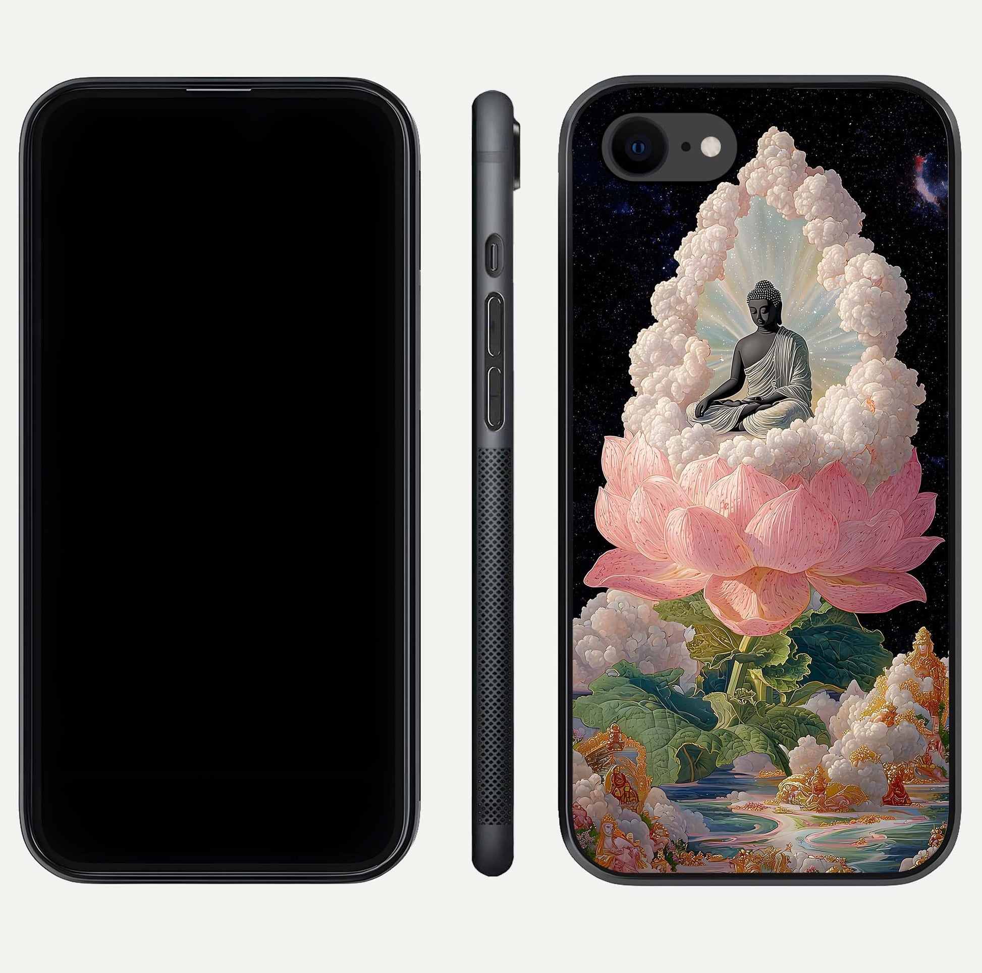 Lotus Divine Peace Glass Case for iPhone 7 front & back layout highlighting soft pink hues and curved edges