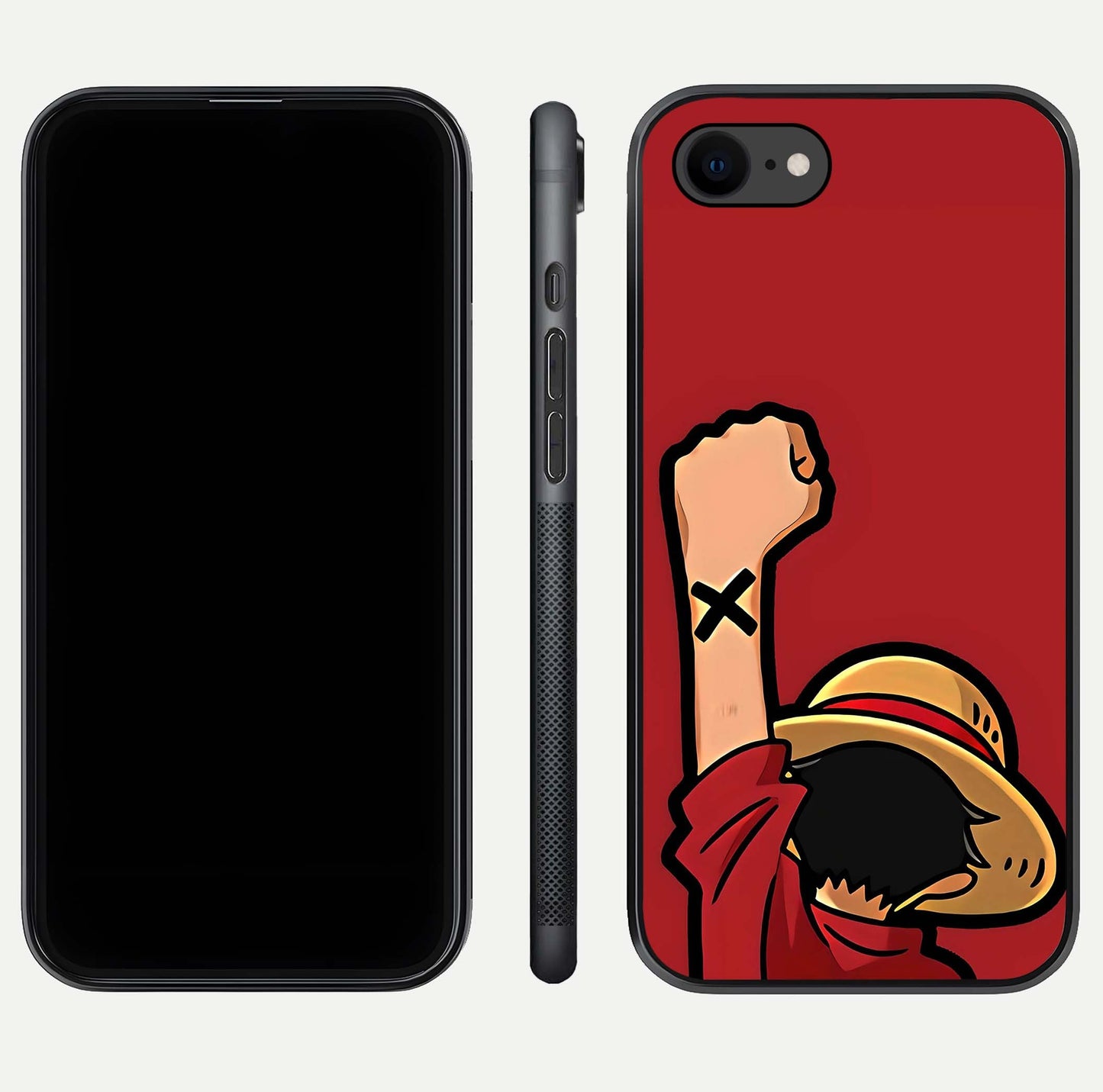 Luffy X Spirit Glass Case for iPhone 7 front & back layout displaying anime theme and curved edges