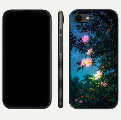 Midnight Bloom Glow Glass Case for iPhone 7 front & back layout highlighting moody tones and smooth finish