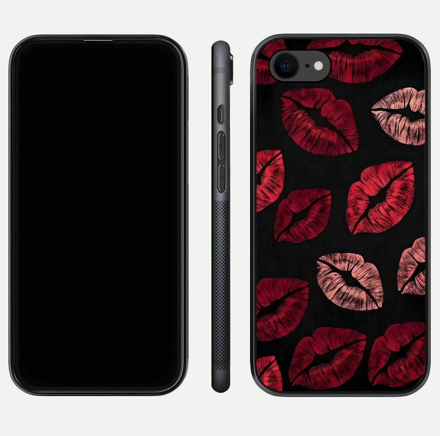 Midnight Kiss Love Glass Case for iPhone 7 front & back view layout showing romantic theme and smooth curves