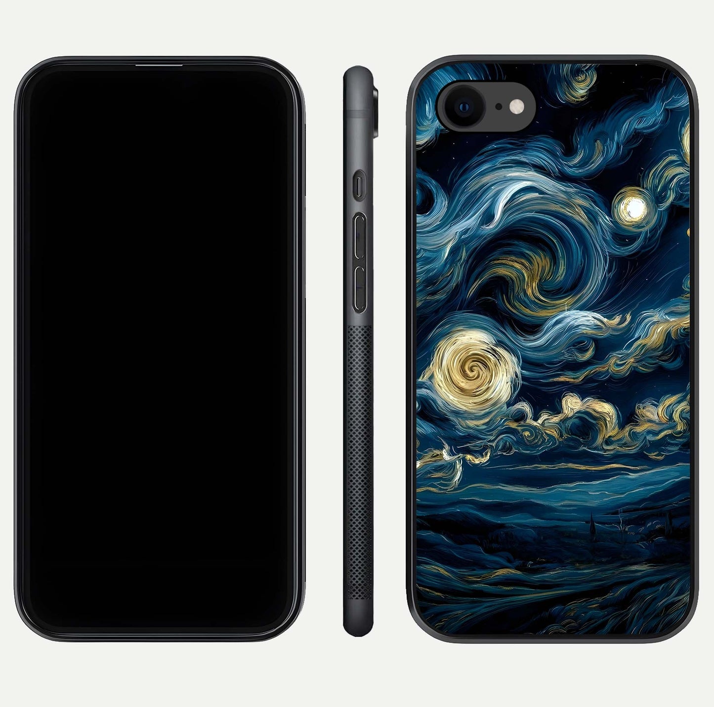 Midnight Sky Whirl Glass Case for iPhone 7 front & back layout highlighting celestial movement art