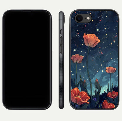 Midnight Tulip Glow Glass Case for iPhone 7 front & back layout highlighting floral glow and curved edges