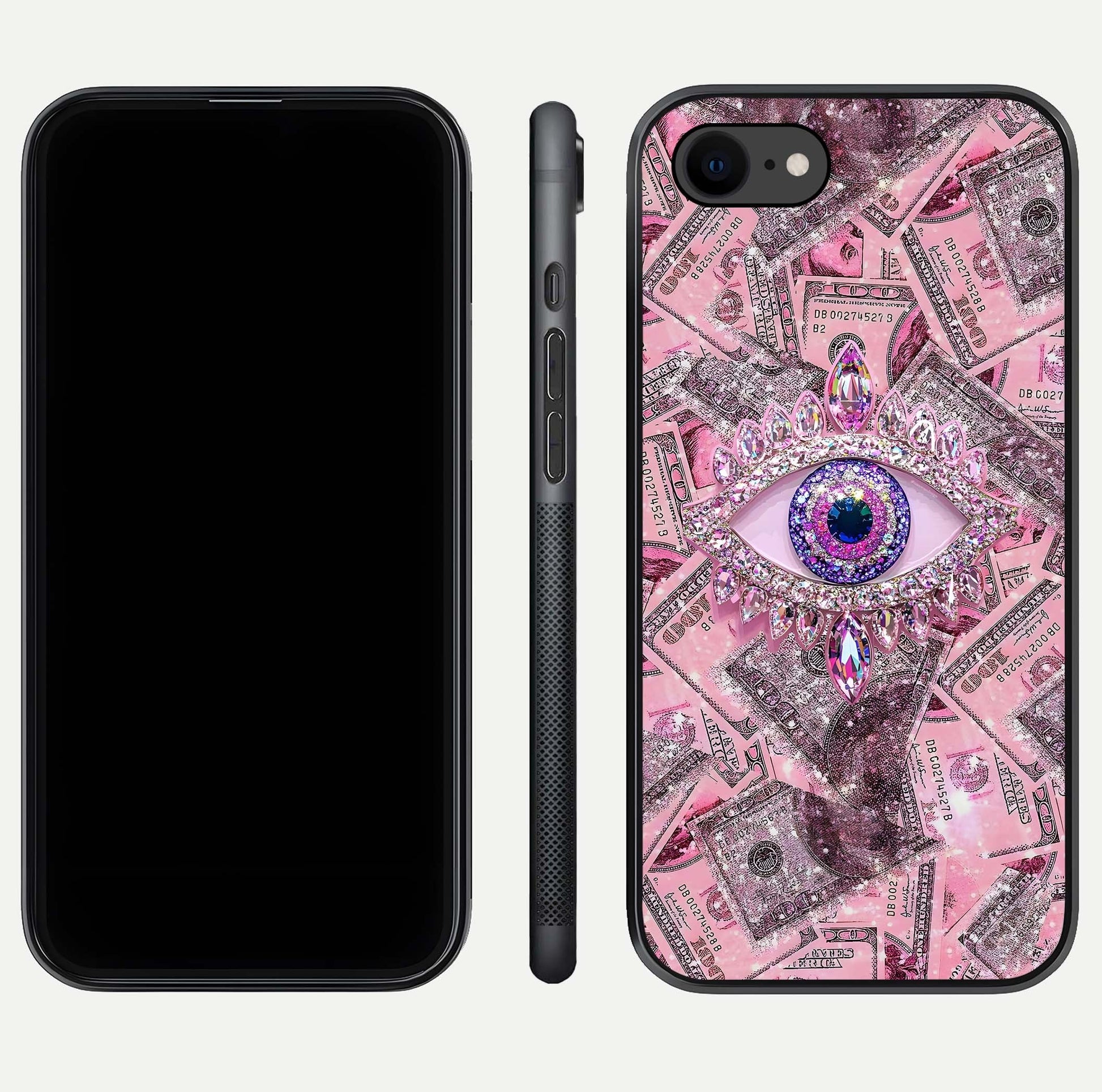 Money Eye Luxe Glass Case for iPhone 7 front & back layout highlighting luxury edge design and bold art