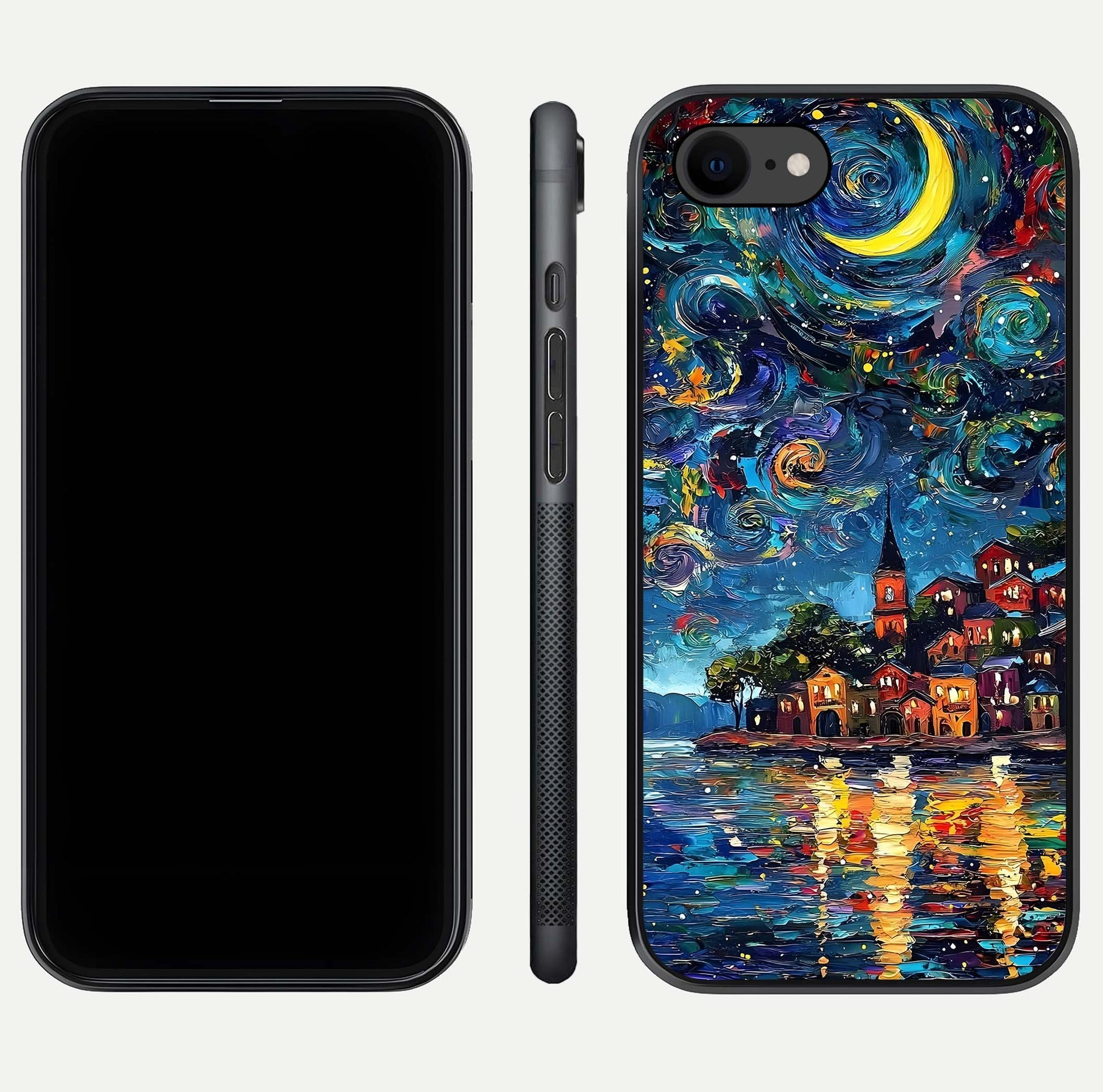 Moonlight Harbor Glow Glass Case for iPhone 7 front & back layout highlighting calm harbor tones