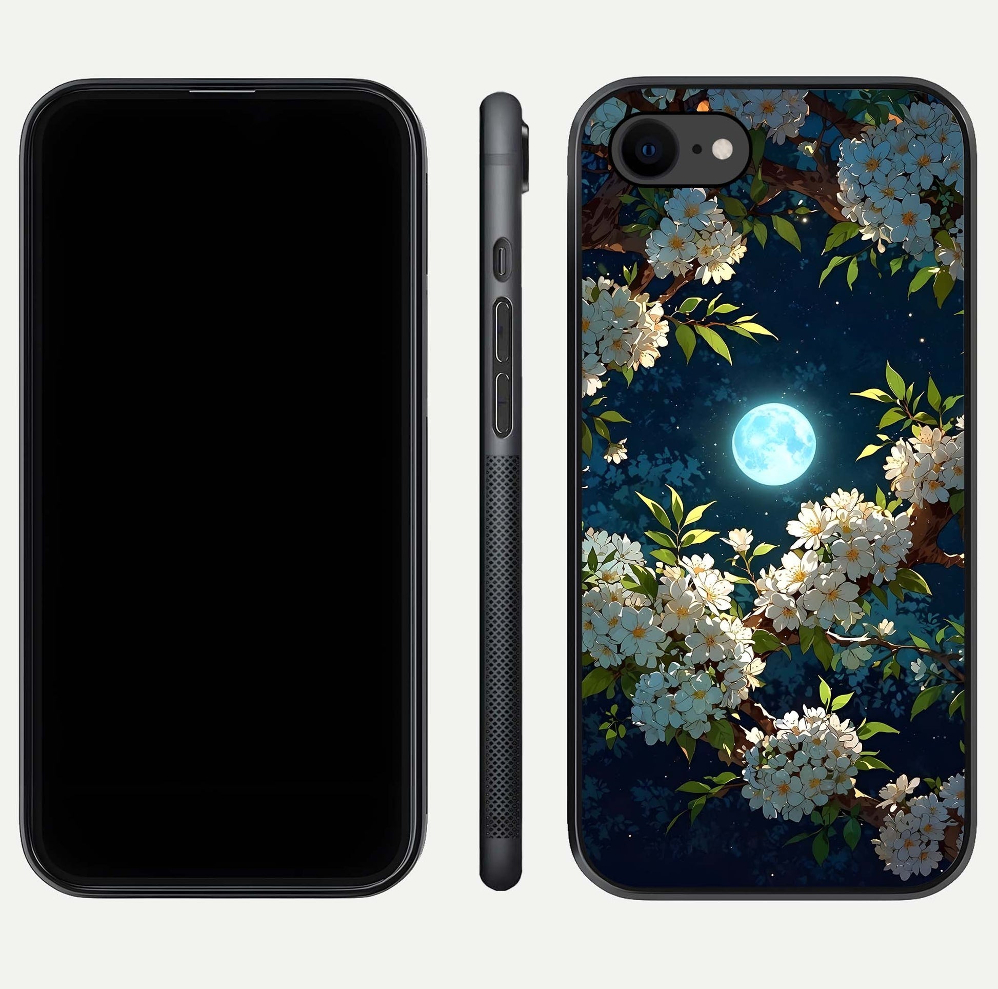 Moonlit Blossom Dream Glass Case for iPhone 7 front & back layout highlighting moonlit tones and edges