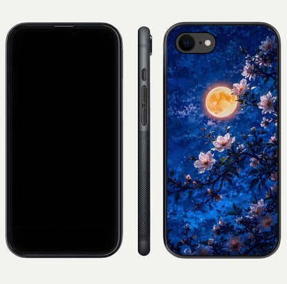 Moonlit Blossoms Night Glass Case for iPhone 7 front & back layout highlighting moonlit tones and curved edges