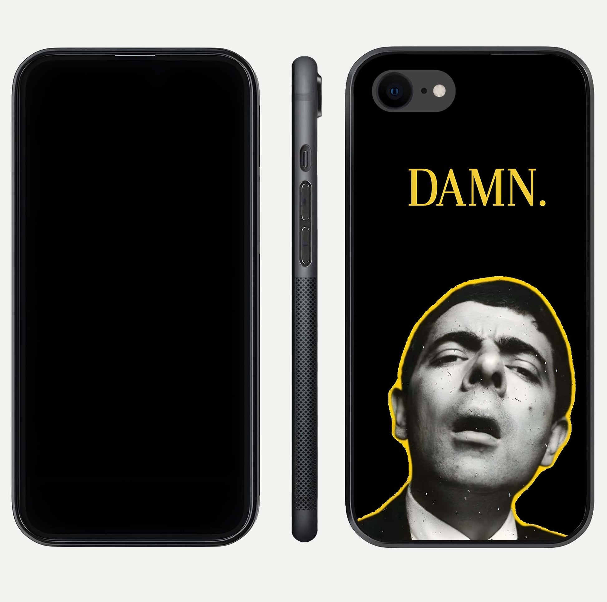 Mr Bean Damn Glass Case for iPhone 7 front & back layout displaying fun artwork and curved smooth edges