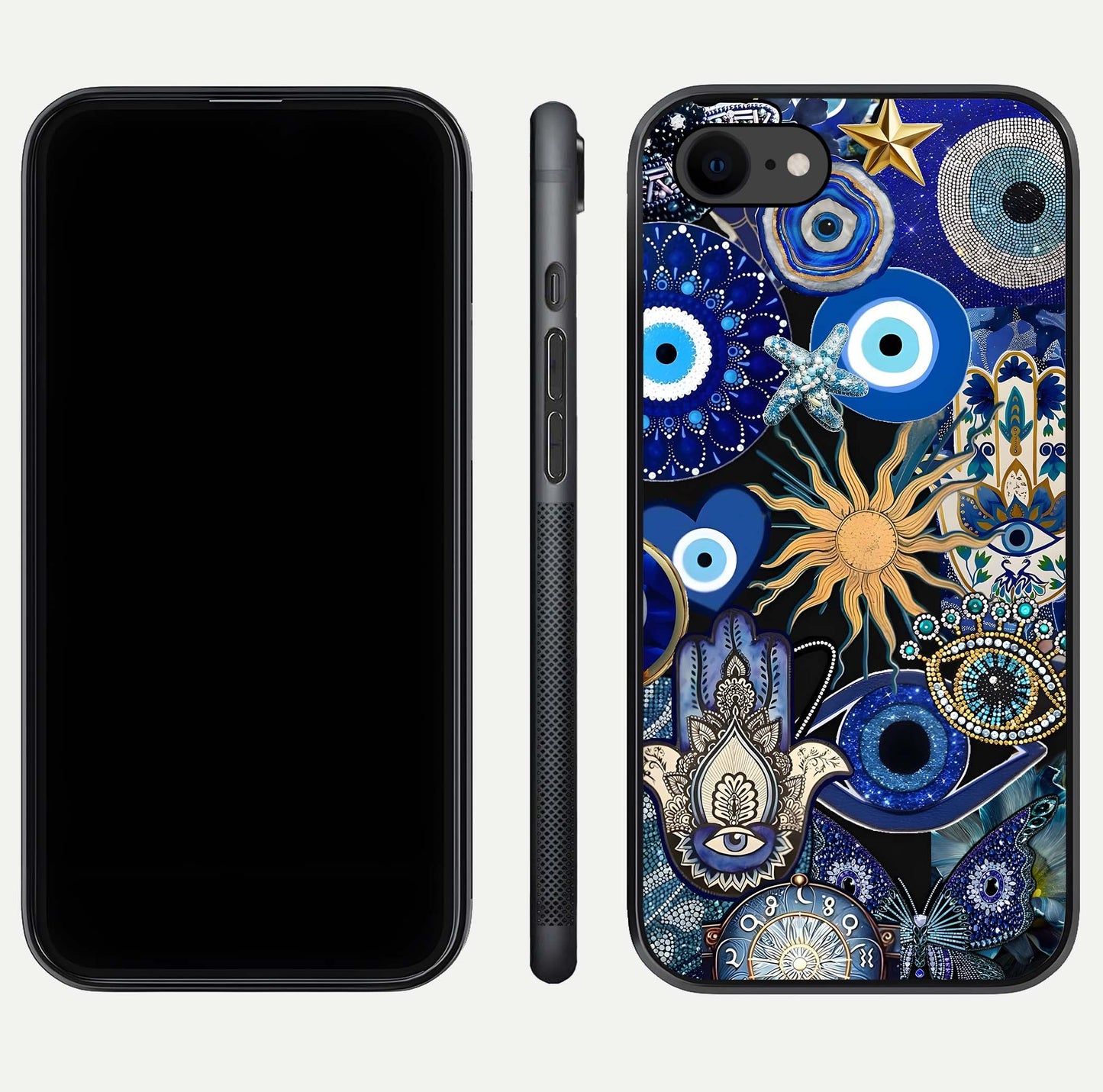 Mystic Blue Evil Eye Glass Case for iPhone 7 front & back layout showing elegant tones and edge finish