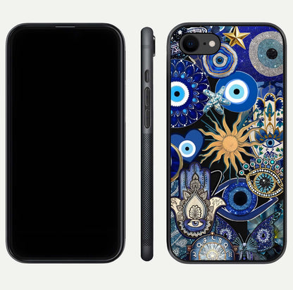 Mystic Blue Evil Eye Glass Case for iPhone 7 front & back layout showing elegant tones and edge finish