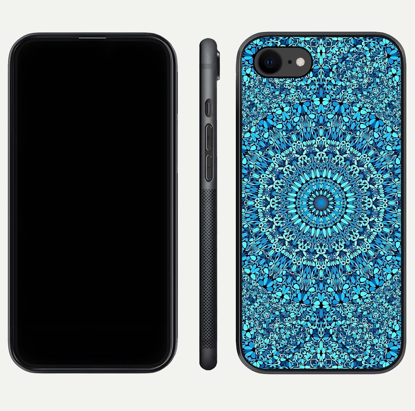 Ocean Bloom Mandala Glass Case for iPhone 7 front & back layout showing ocean tone design and edges