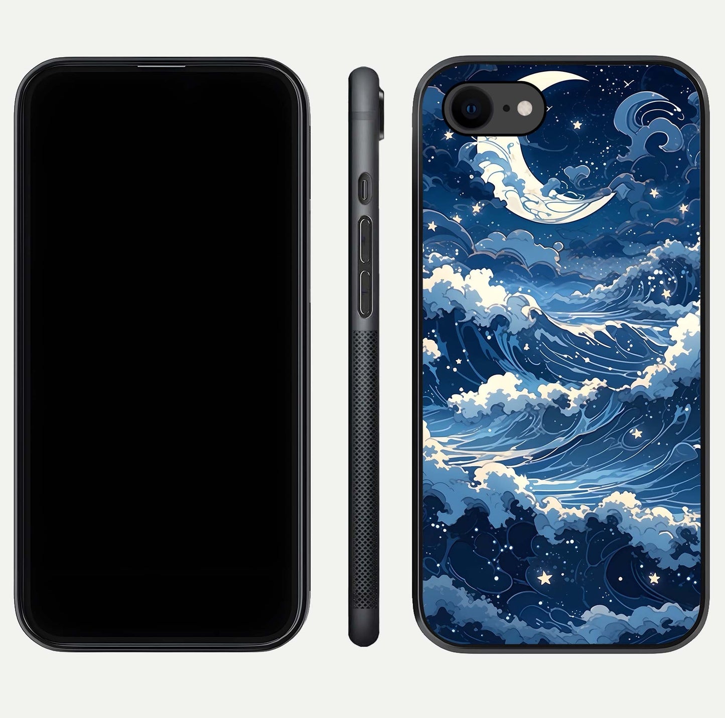 Ocean Moon Waves Glass Case for iPhone 7 front & back layout highlighting water flow and smooth edges