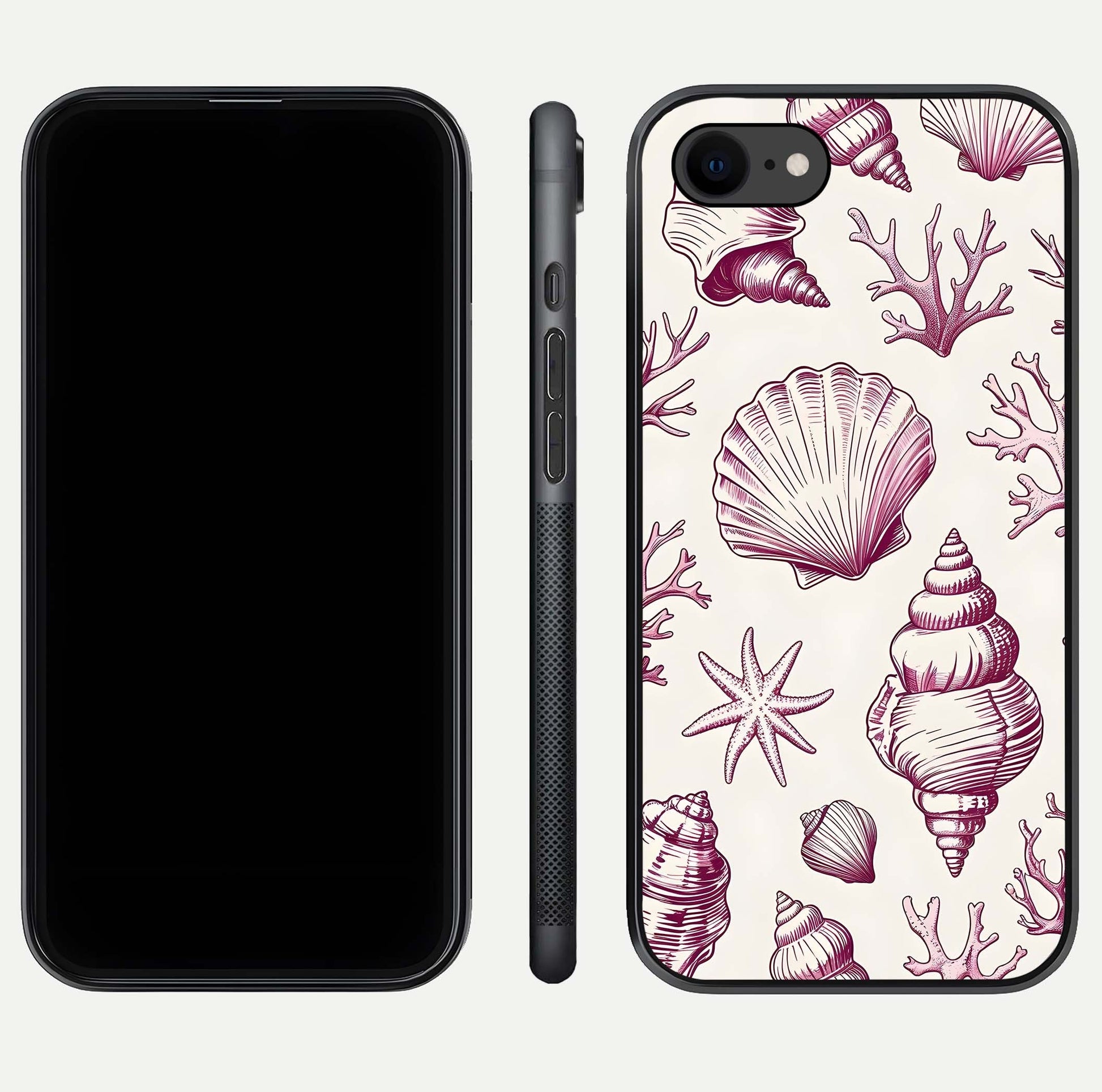 Pink Shells Outline Glass Case for iPhone 7 front & back layout showing soft pastel tones and edge design