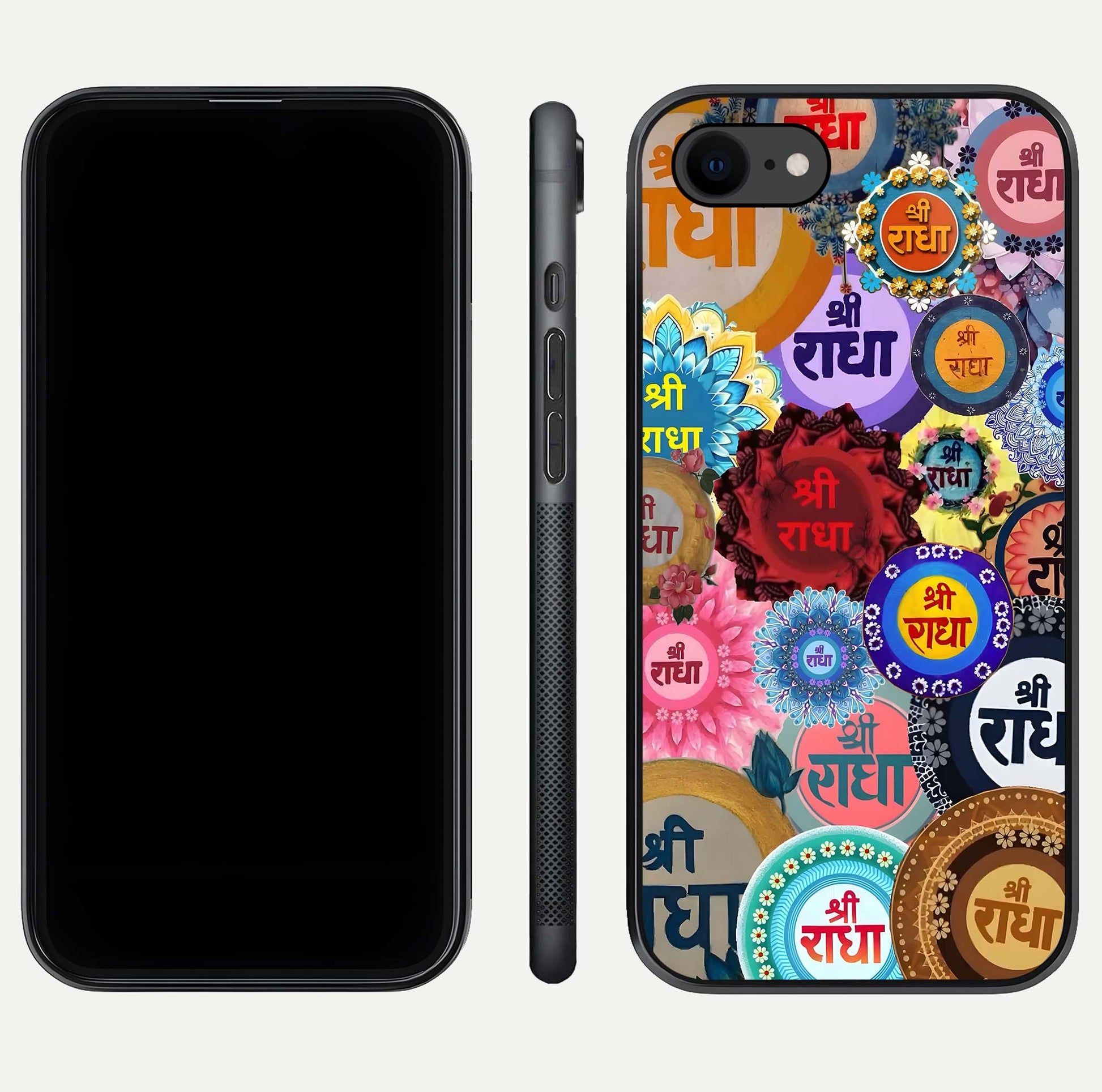 Radha Divine Bloom Glass Case for iPhone 7 front & back layout showing spiritual tones and elegant edges