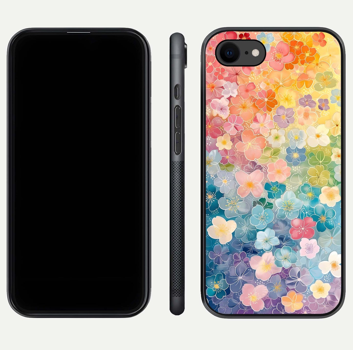 Rainbow Blossom Burst Glass Case for iPhone 7 front & back layout showing bright tones and edge finish