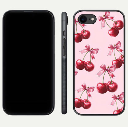 Red Cherries Pattern Glass Case for iPhone 7 front & back layout highlighting vibrant fruit print and edges