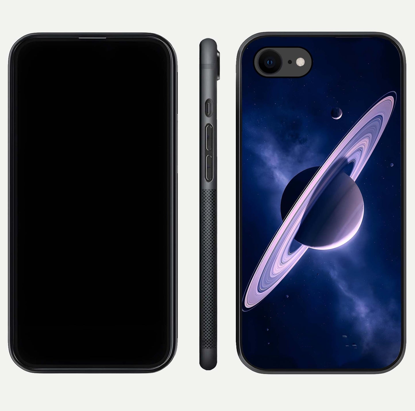 Saturn Ring Mystique Glass Case for iPhone 7 front & back layout showing cosmic tones and edge glow