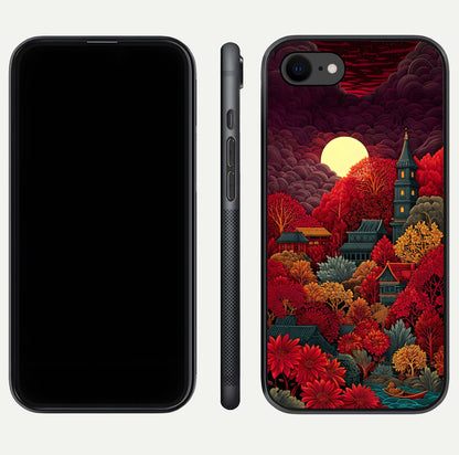 Scarlet Autumn Temple Glass Case for iPhone 7 front & back layout showing scenic tones and curved edges