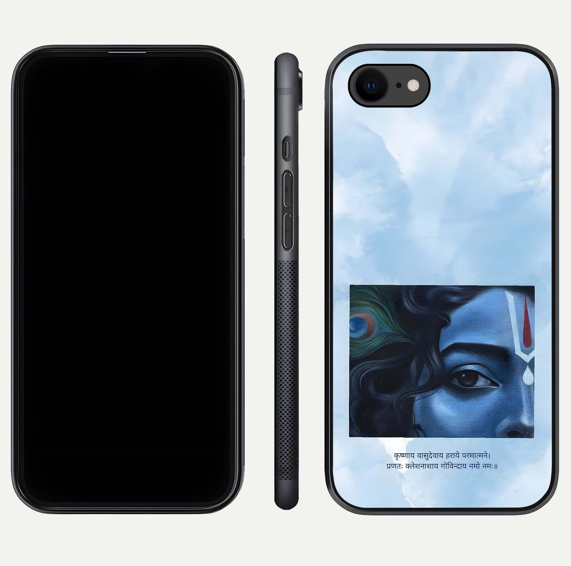 Spiritual Krishna Glass Case for iPhone 16 Pro front & back layout showing spiritual artwork and clean edge