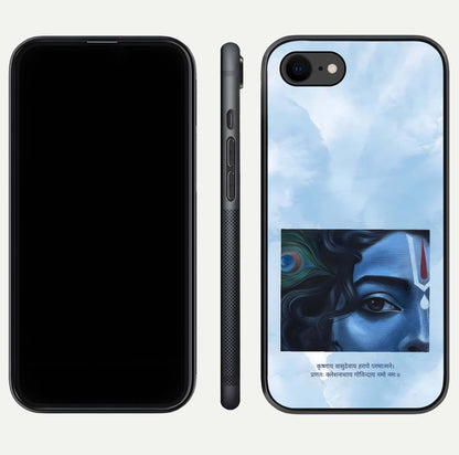Spiritual Krishna Glass Case for iPhone 16 Pro front & back layout showing spiritual artwork and clean edge
