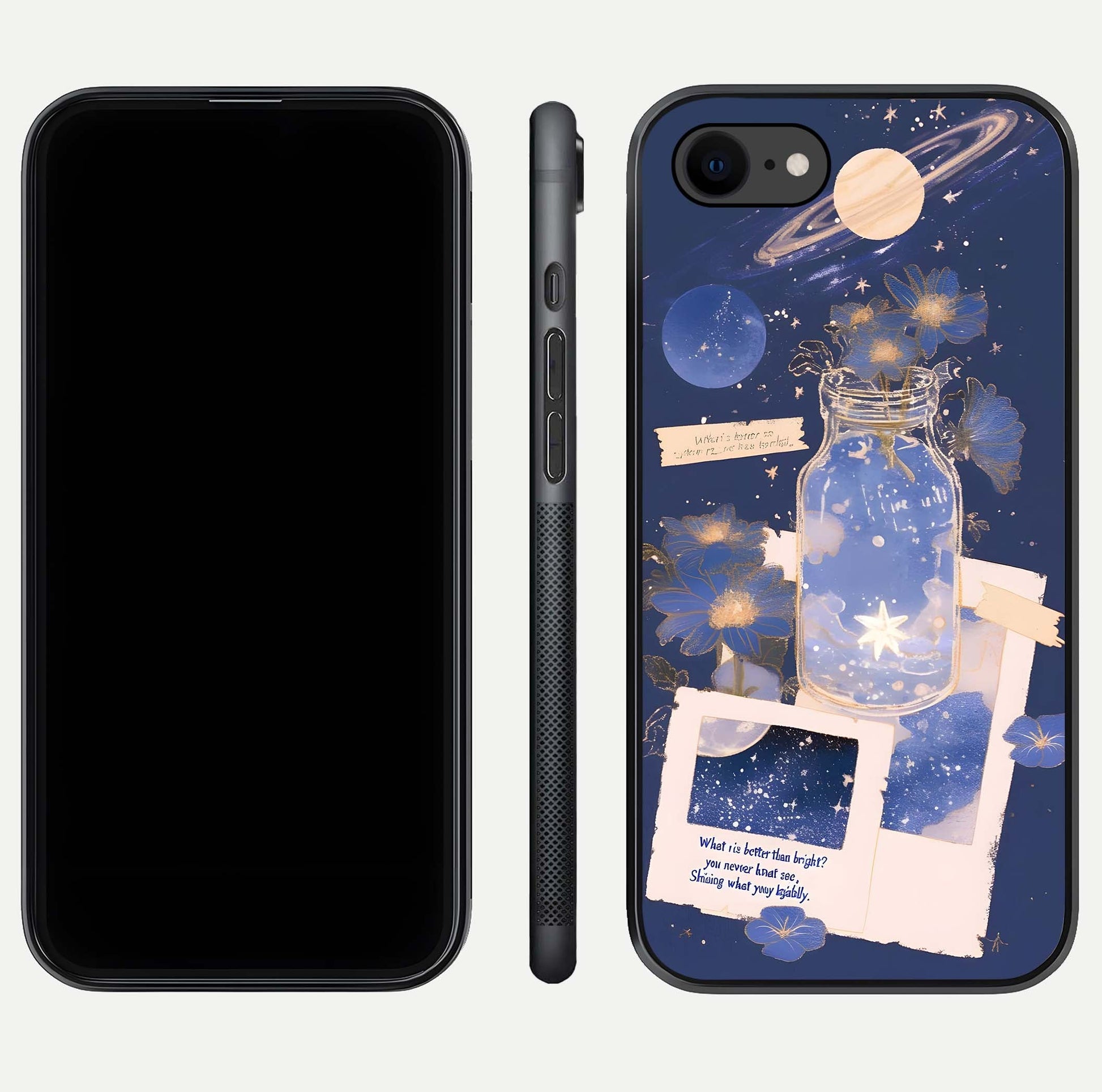 Starlit Cosmic Jar Glass Case for iPhone 7 front & back layout showing cosmic pattern and curved glass edge