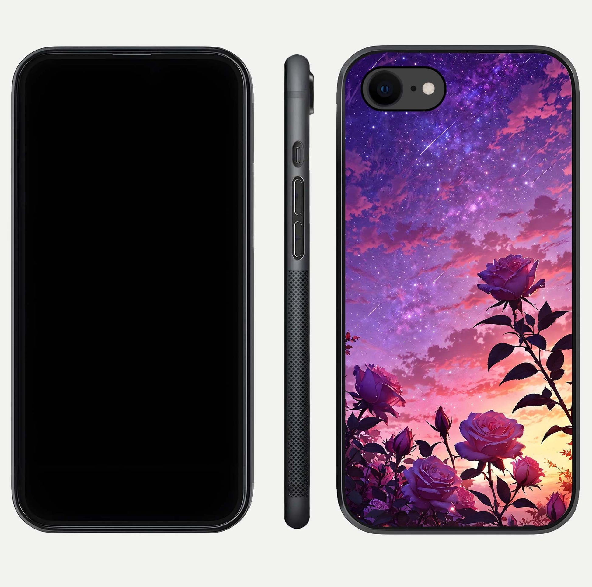 Starlit Rose Twilight Glass Case for iPhone 7 front & back layout showing floral blend and glossy edge