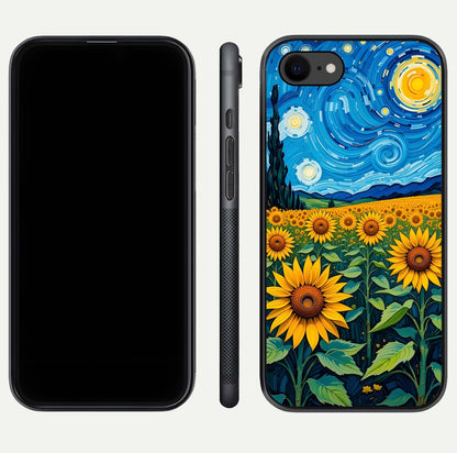 Starry Sunflower Dreams Glass Case for iPhone 7 front & back layout showing floral blend and edge detail
