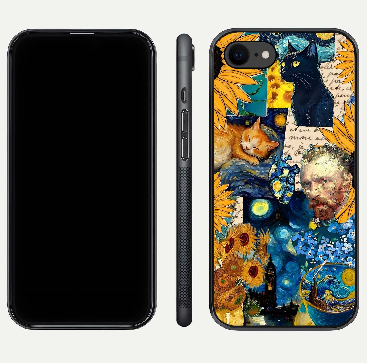 Sunflower Cat Art Glass Case for iPhone 7 front & back layout showing detailed floral cat design and edges