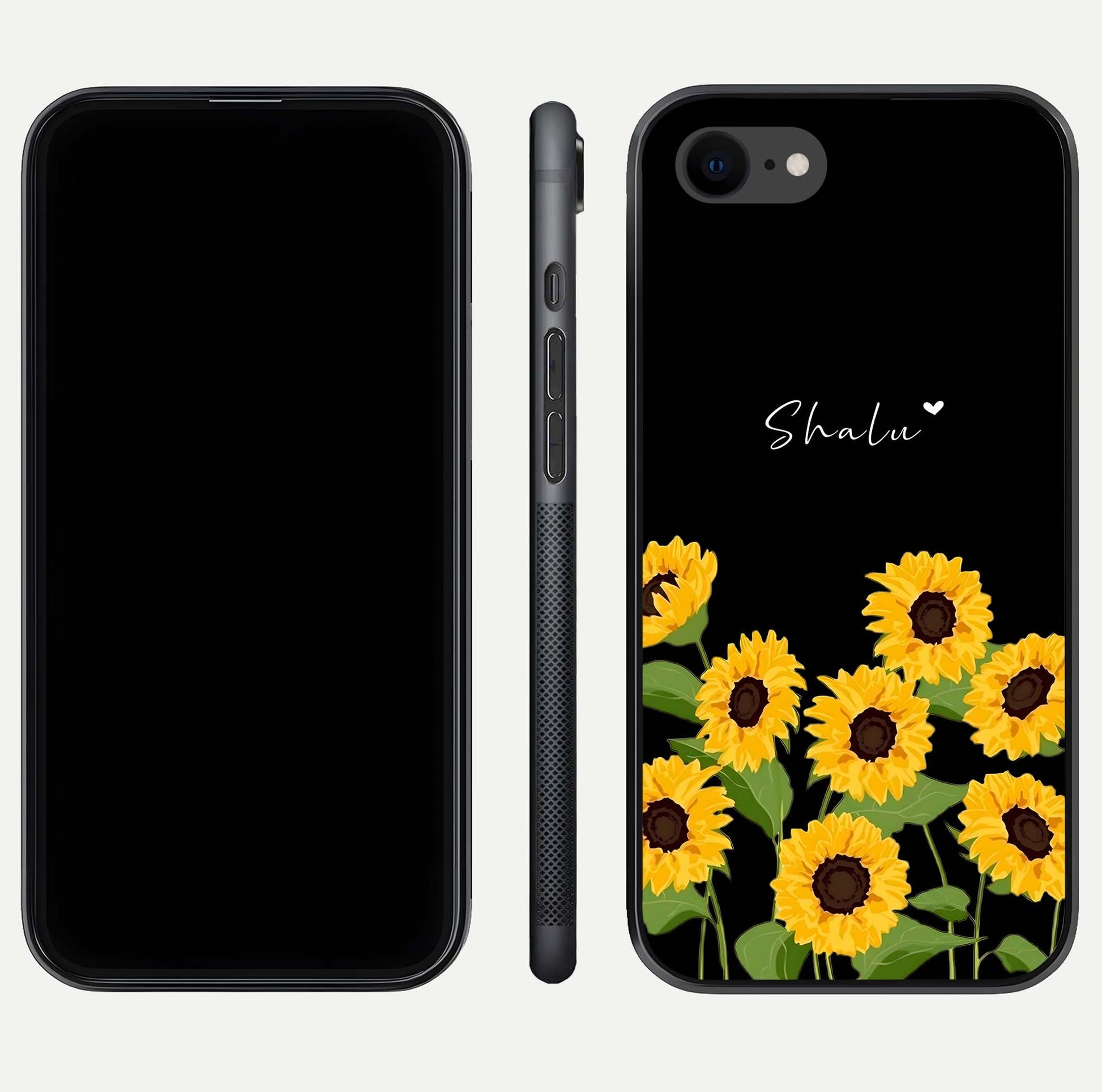 Sunflower Chic Mood Custom Name Glass Case for iPhone 16 Pro front & back layout highlighting custom text zone and shine