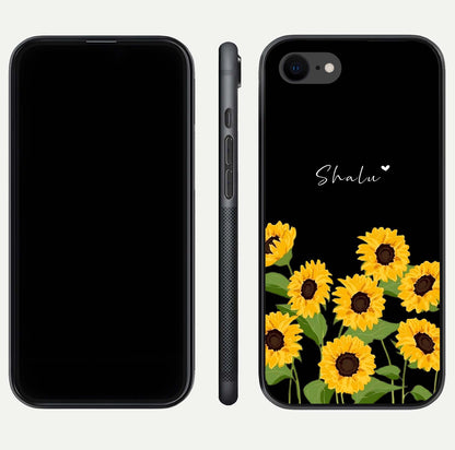 Sunflower Chic Mood Custom Name Glass Case for iPhone 16 Pro front & back layout highlighting custom text zone and shine