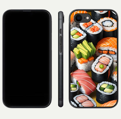 Sushi Food Pattern Glass Case for iPhone 7 front & back layout showing playful food theme and clear edges
