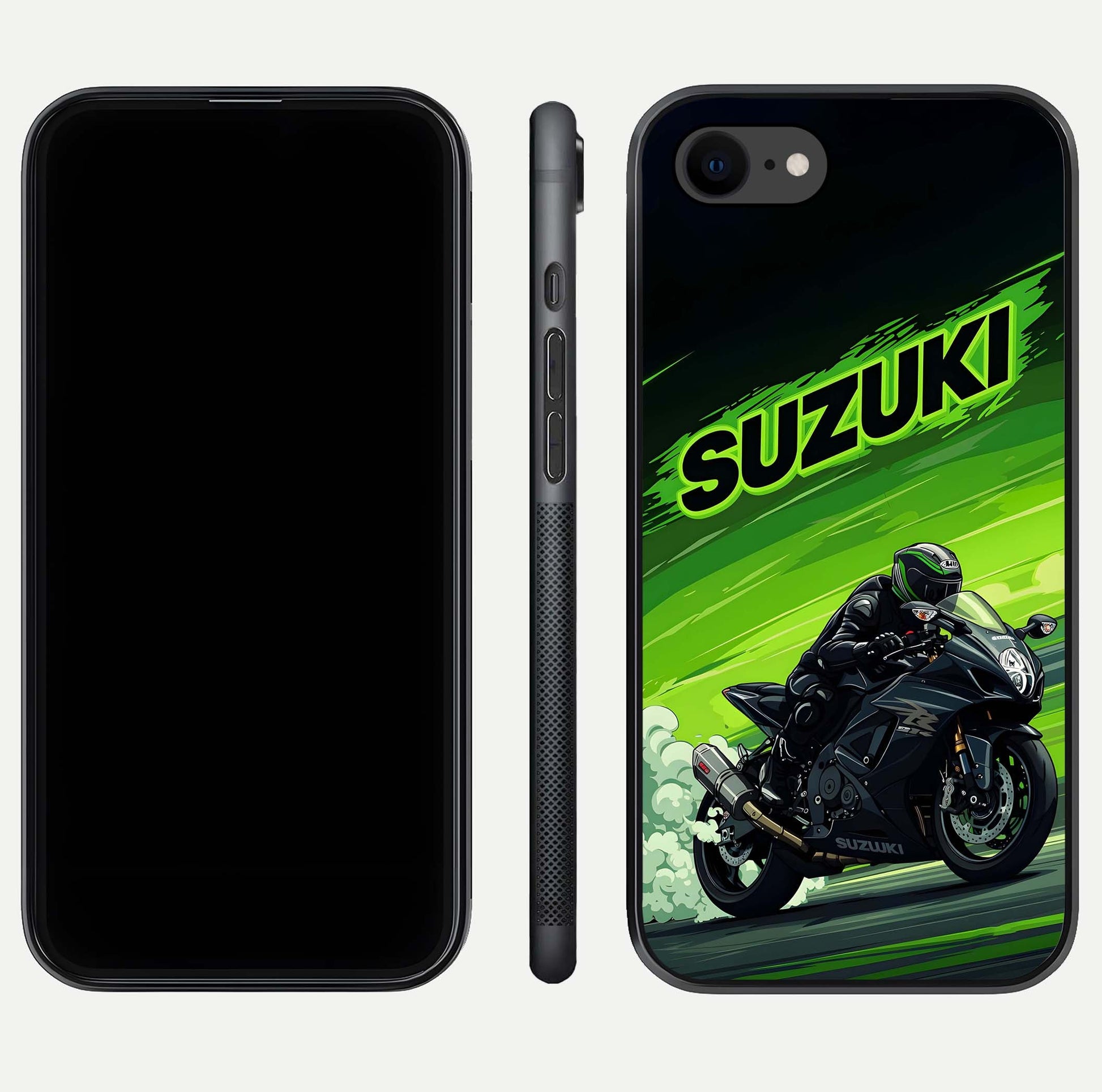Suzuki Speed Beast Glass Case for iPhone 7 front & back layout showing motion blur and sleek edges