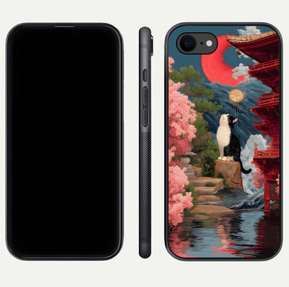 Temple Cat Scenery Glass Case for iPhone 7 front & back layout showing scenic print and edge design
