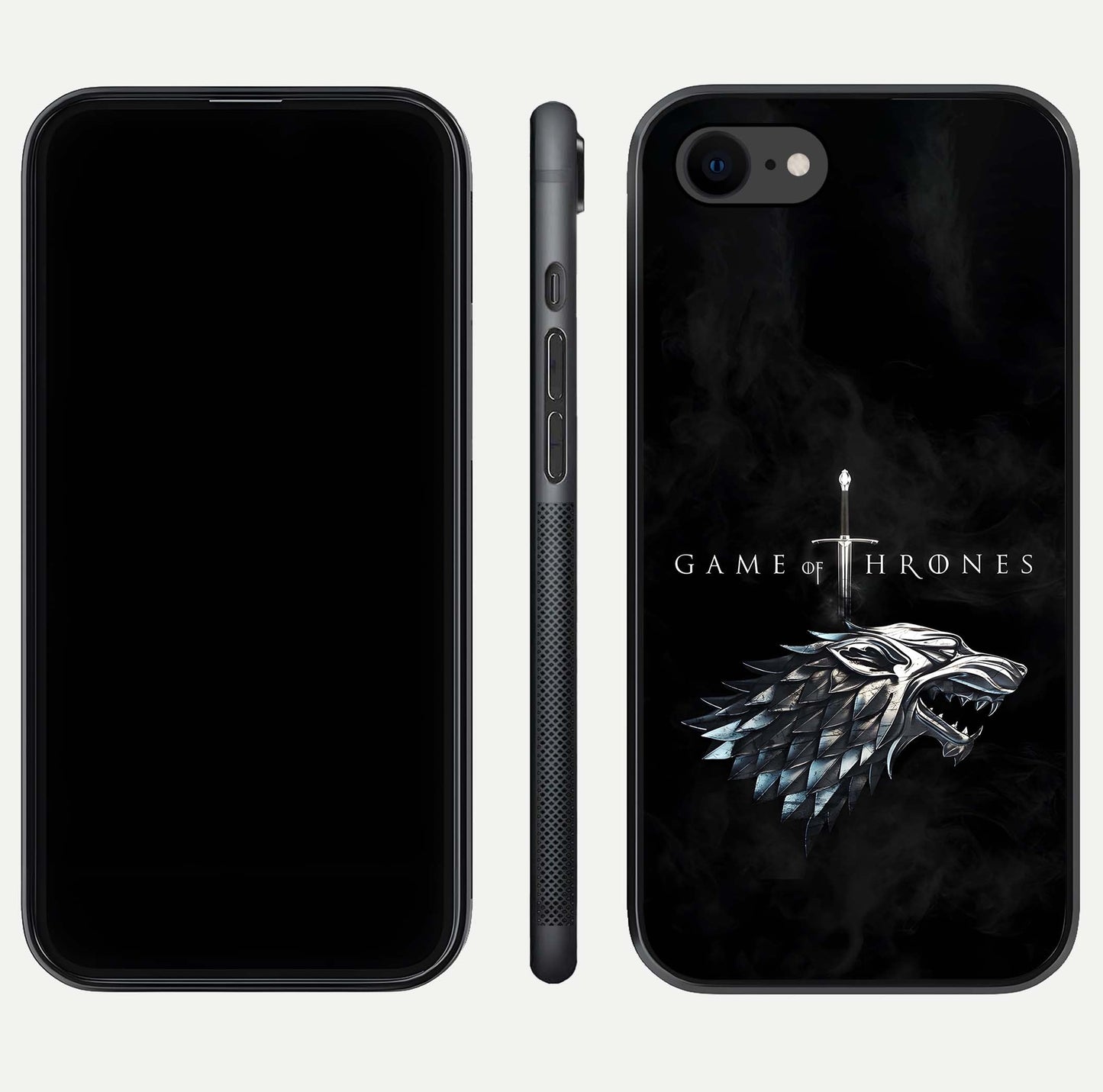 Throne Wolf Legacy Glass Case for iPhone 7 front & back layout showing bold pattern and sharp edge