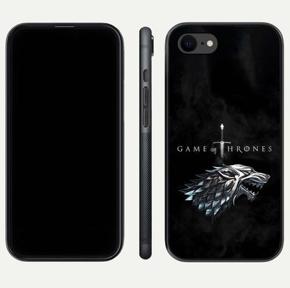 Throne Wolf Legacy Glass Case for iPhone 7 front & back layout showing bold pattern and sharp edge