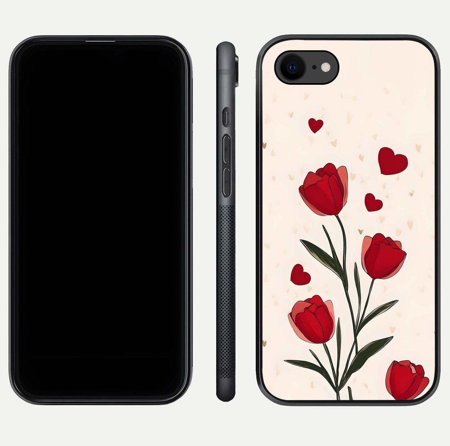 Tulip With Heart Glass Case for iPhone 7 front & back layout showing heart motif and elegant gloss finish