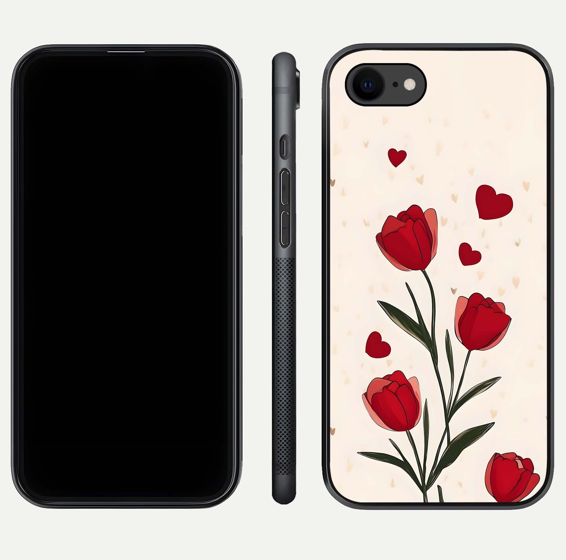 Tulip With Heart Glass Case for iPhone 7 front & back layout showing heart motif and elegant gloss finish